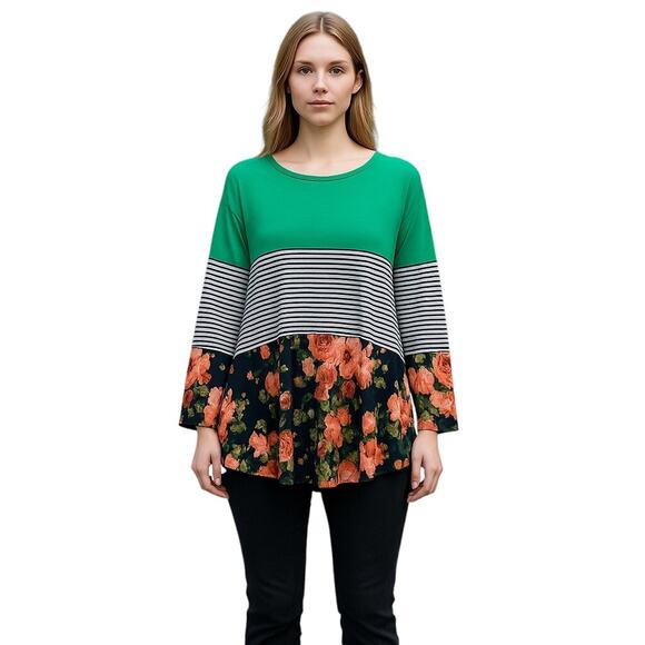 Egs California Green Colorblock Striped Floral Print Long Sleeve Tunic Top XL - Picture 1 of 7